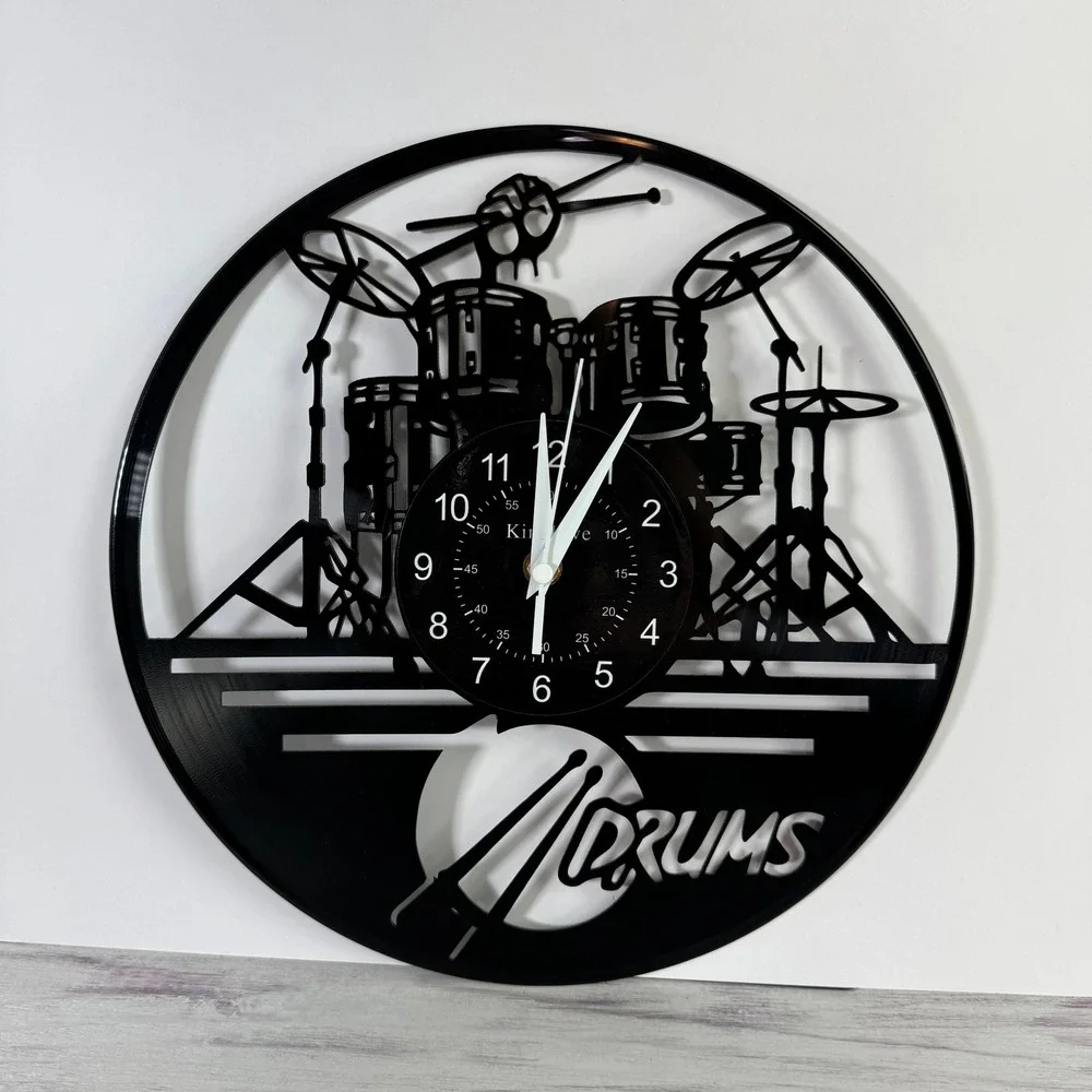 Vintage Vinyl Record Wall Clock Drum Set Silhouette Music Room Decor 12